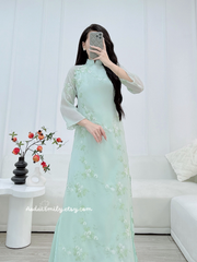 Sage Green Modern ao dai with embroidery flowers patterns| Wolfsbane