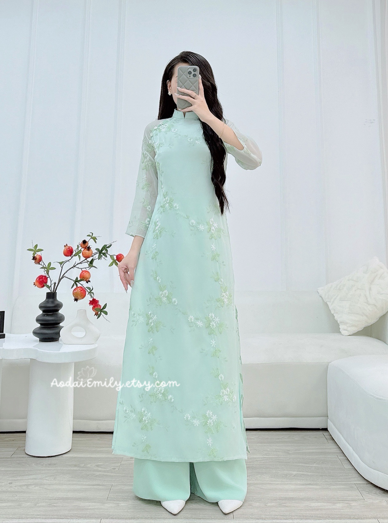 Sage Green Modern ao dai with embroidery flowers patterns| Wolfsbane