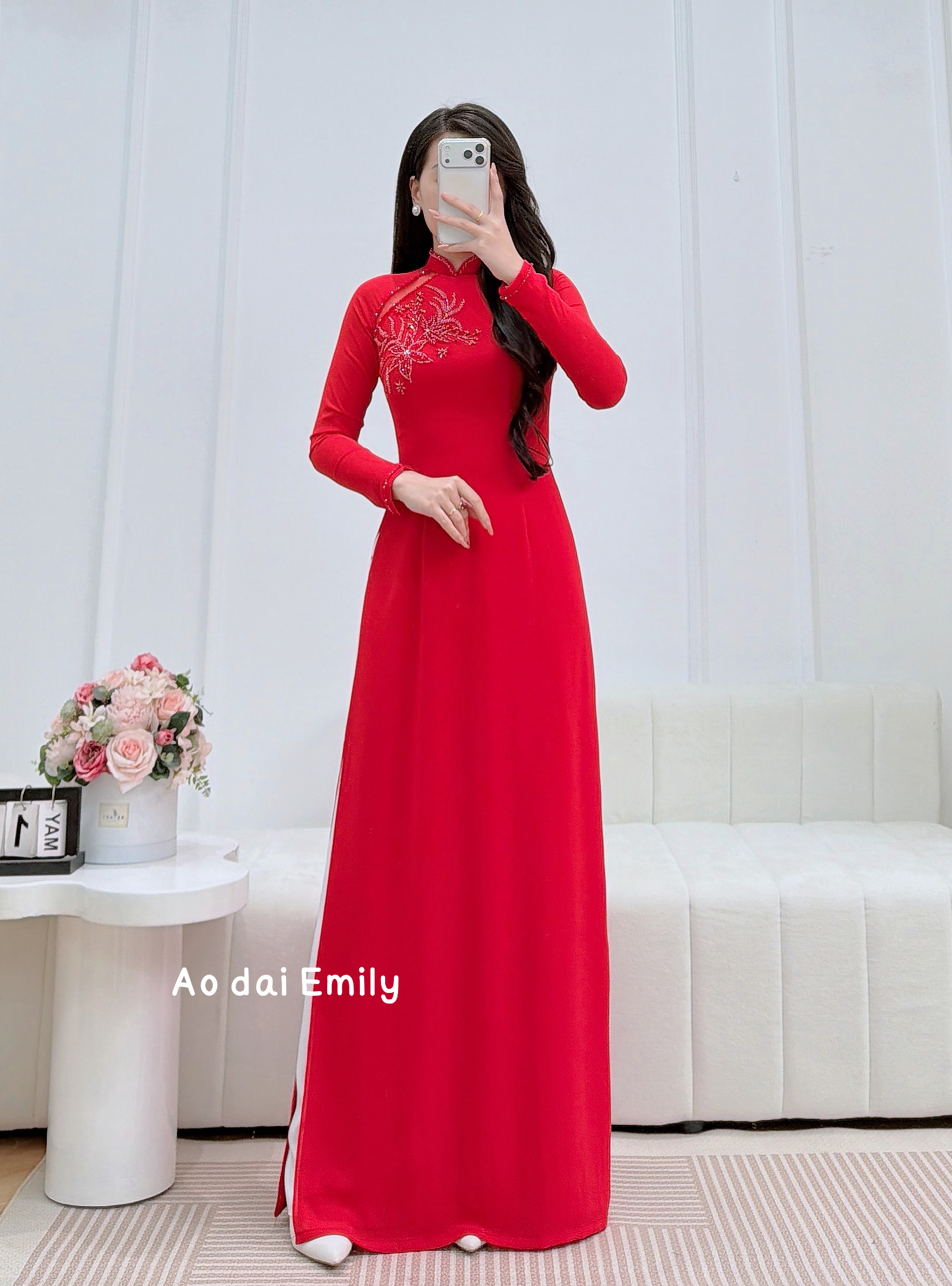 Red Ao dai with cut out designed crystals| Cardinal flower