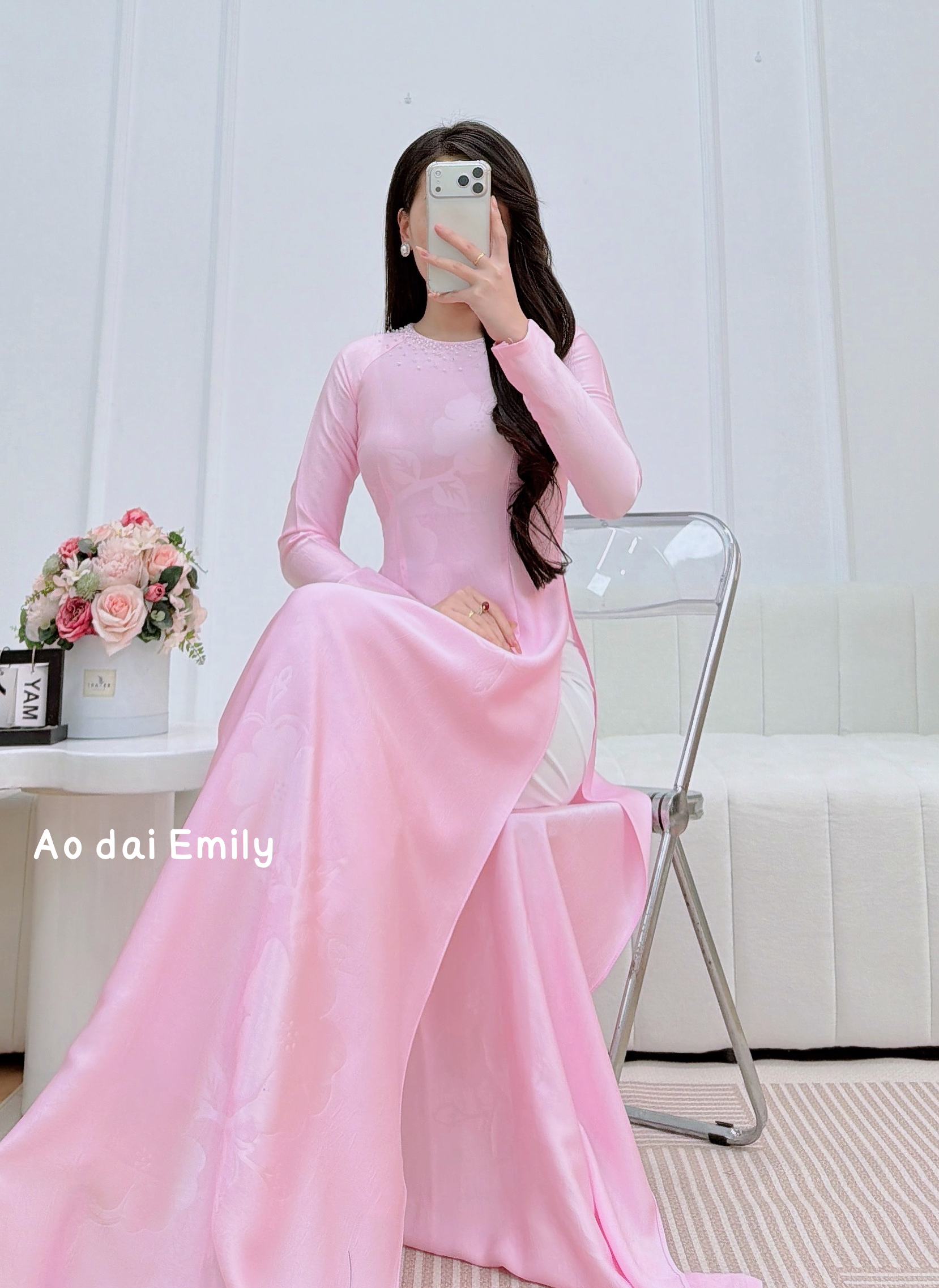 Pink ao dai with simple crystals| Common lilac