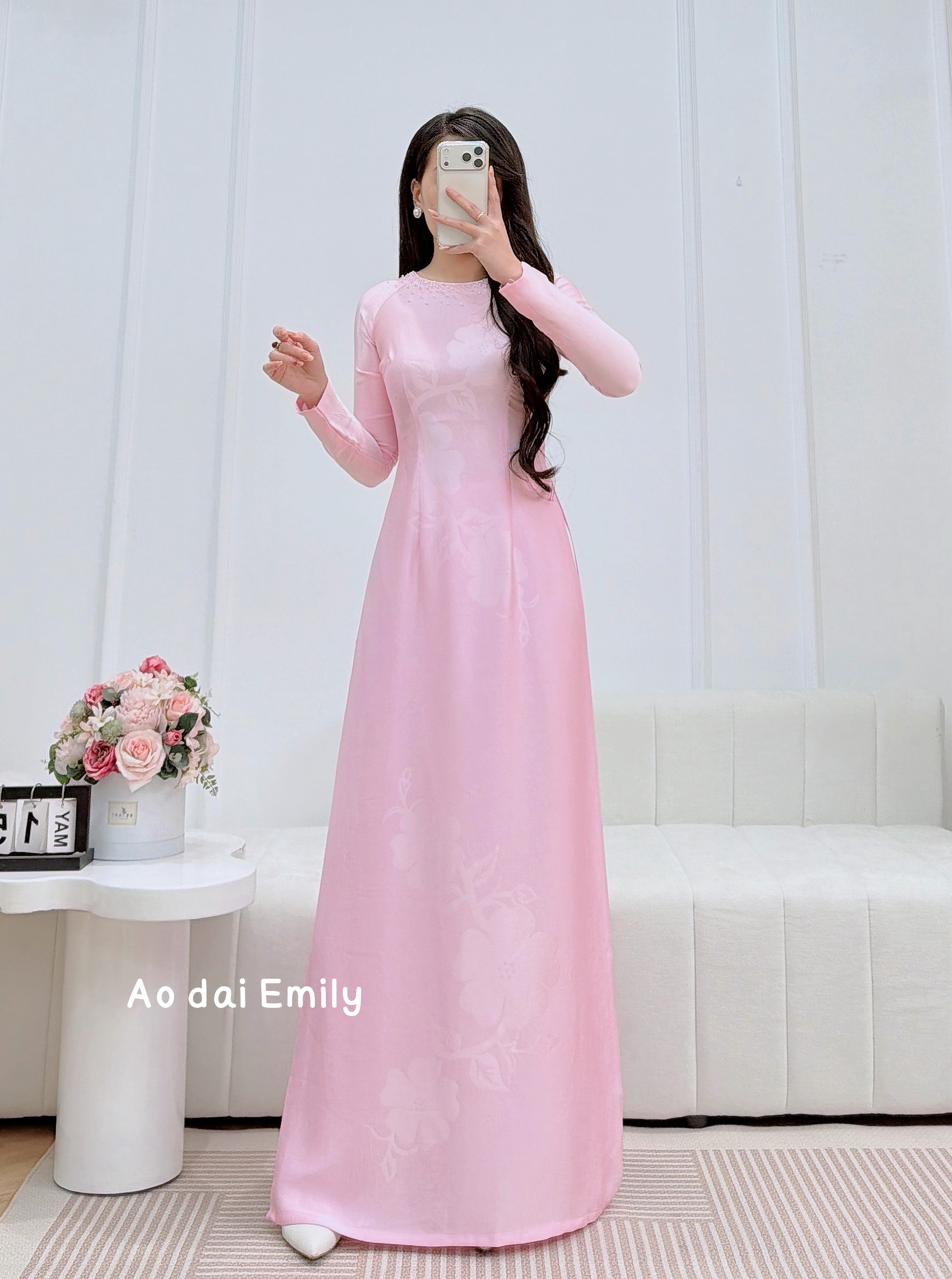 Pink ao dai with simple crystals| Common lilac