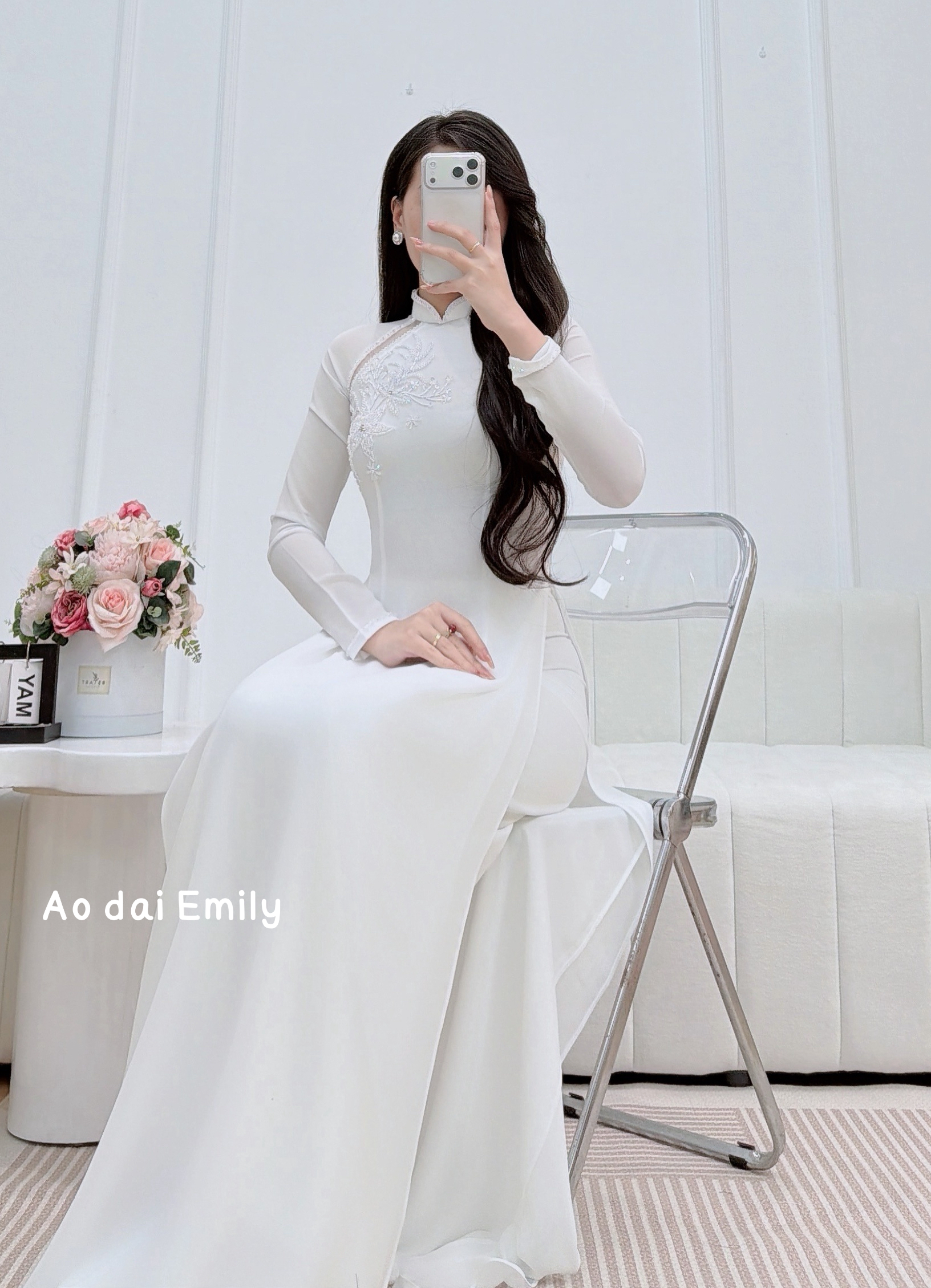 White Ao dai with cut out designed crystals|Cliffbush