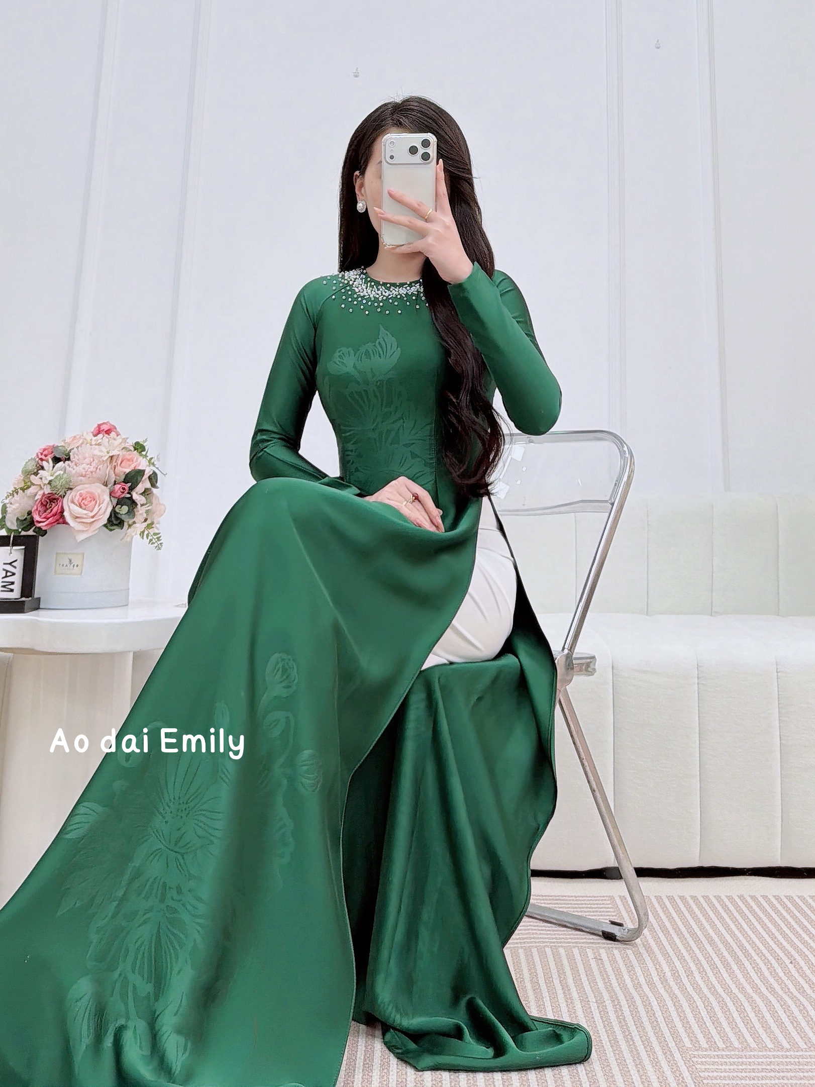 Dark Green ao dai with simple crystals rhinestones| Evening primrose