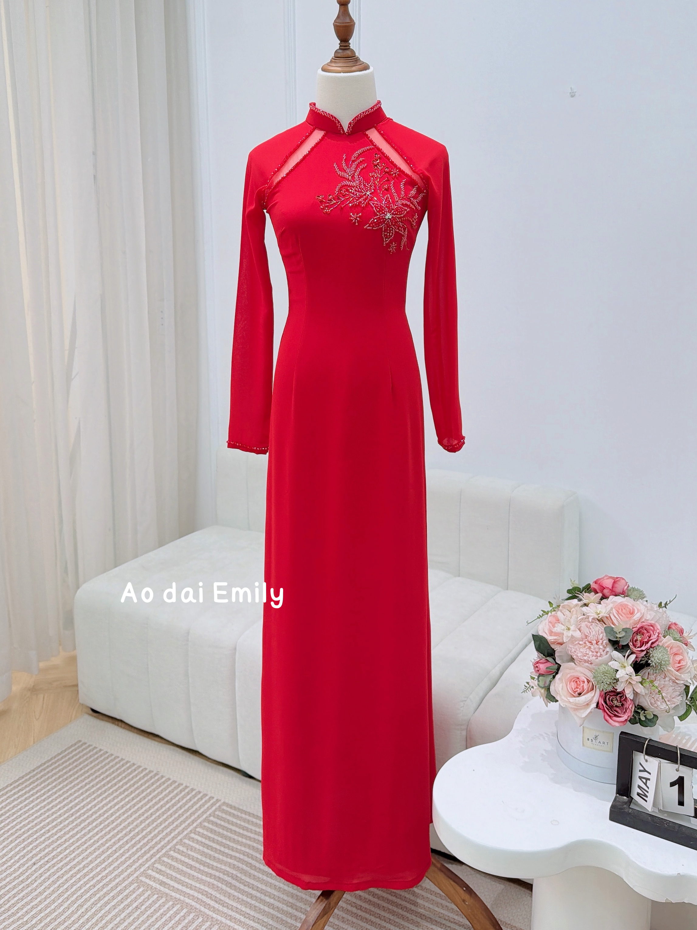 Red Ao dai with cut out designed crystals| Cardinal flower