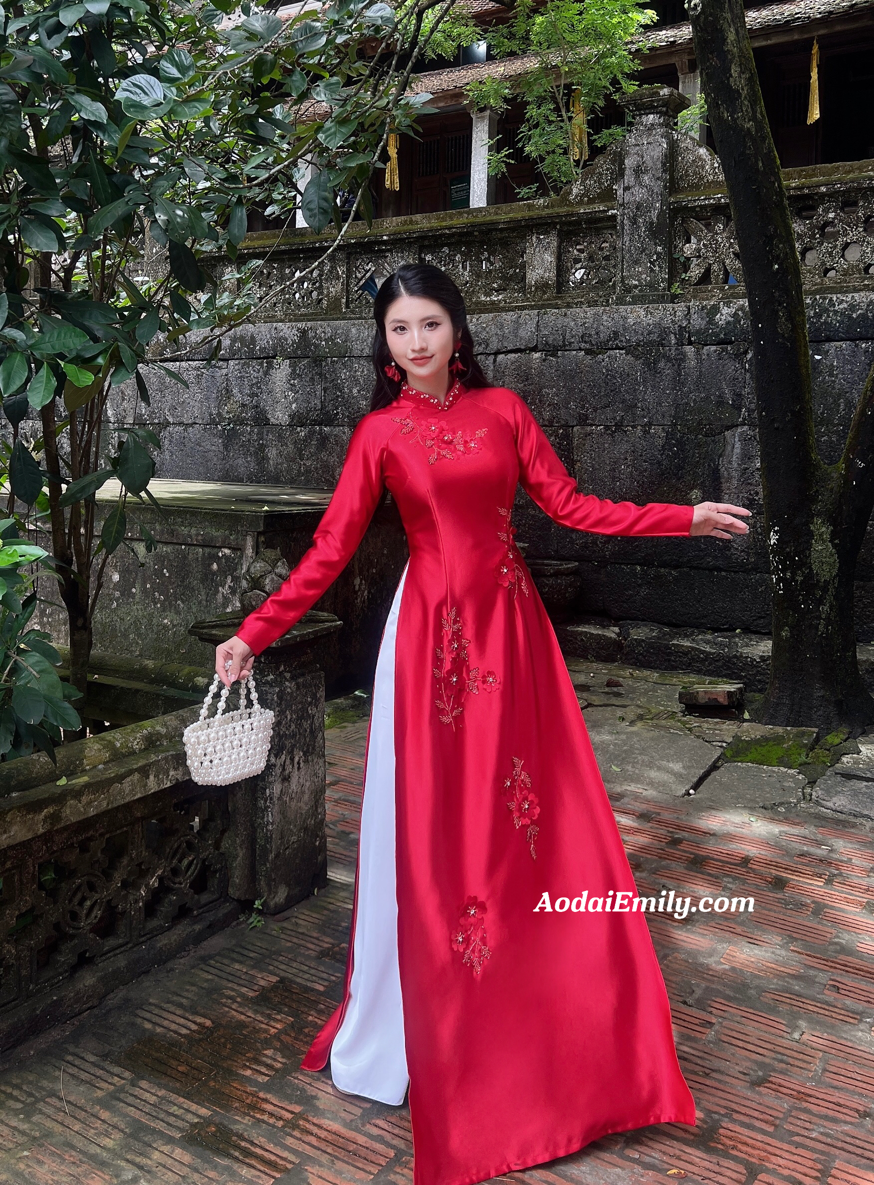 Red traditional ao dai with 3D Flowers and crystals