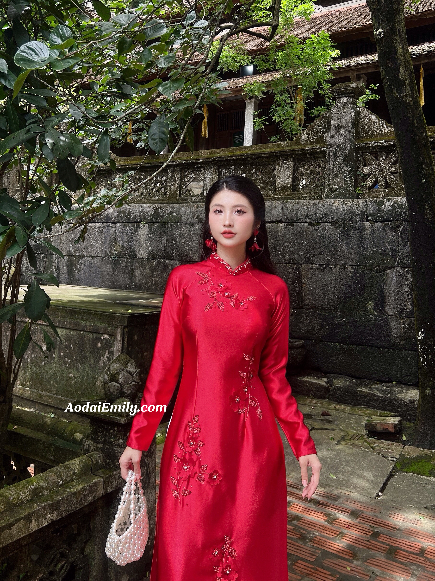 Red traditional ao dai with 3D Flowers and crystals