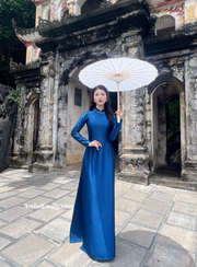Plain dark blue ao dai with crystals collar| Bear grass
