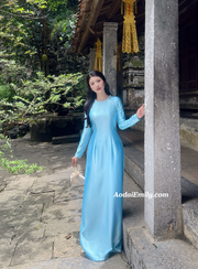 Plain light blue ao dai with crystals collar|