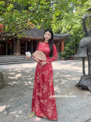 Red Ao dài gấm with crystals