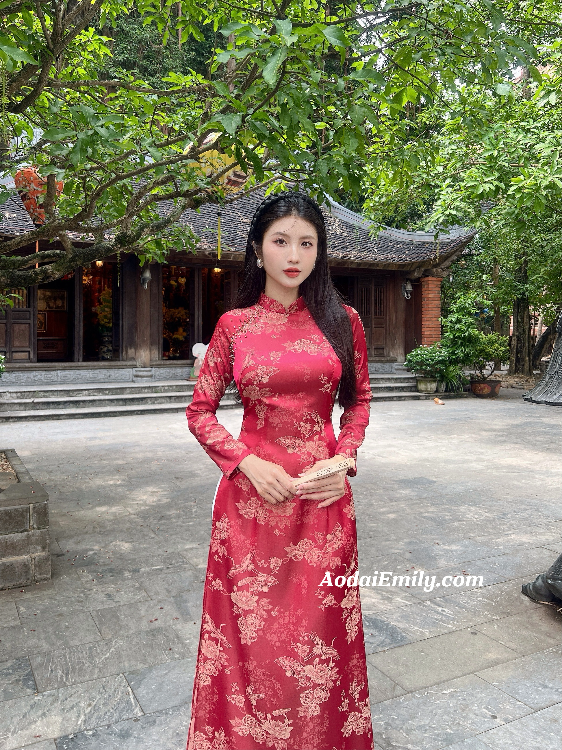 Red Ao dài gấm with crystals