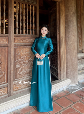 IVORY Plain dark blue ao dai with crystals collar