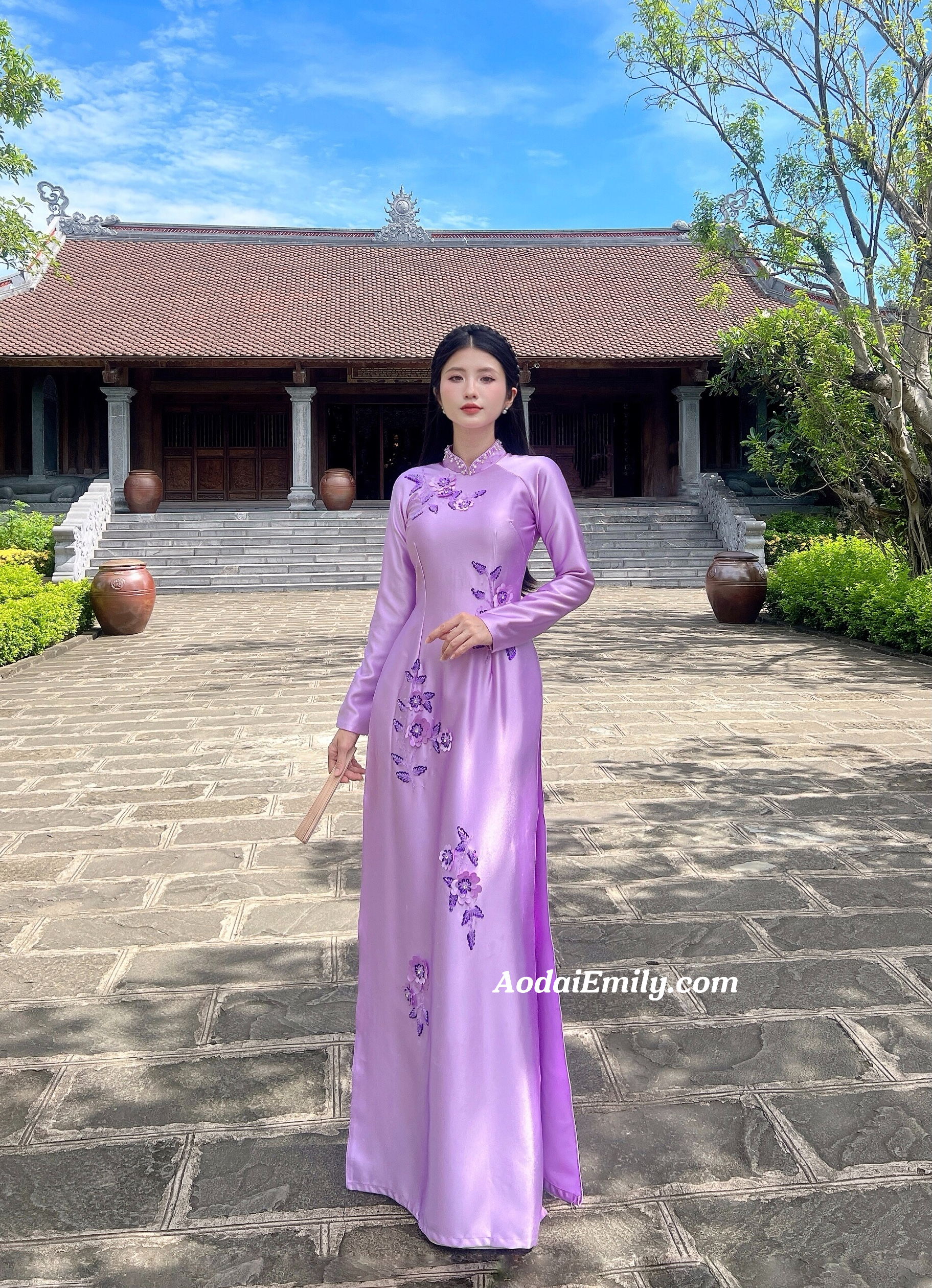 Purple traditional ao dai with 3D Flowers and crystals