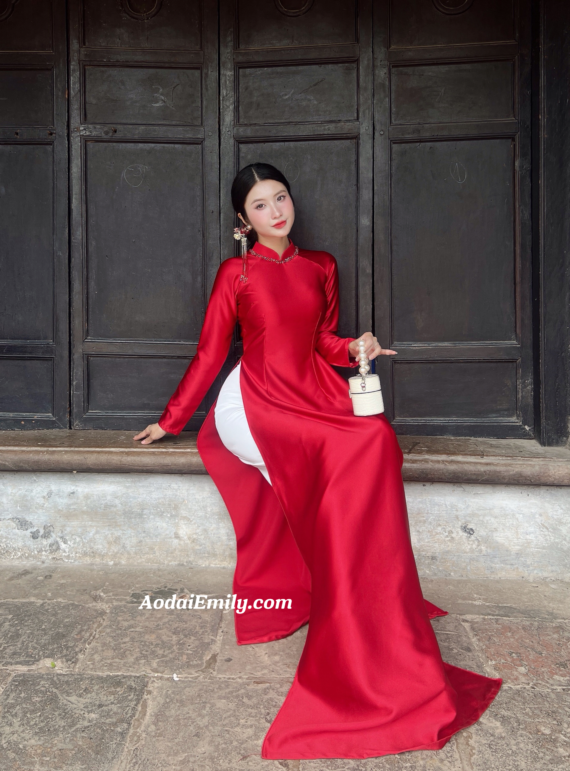 Plain red ao dai with crystals collar