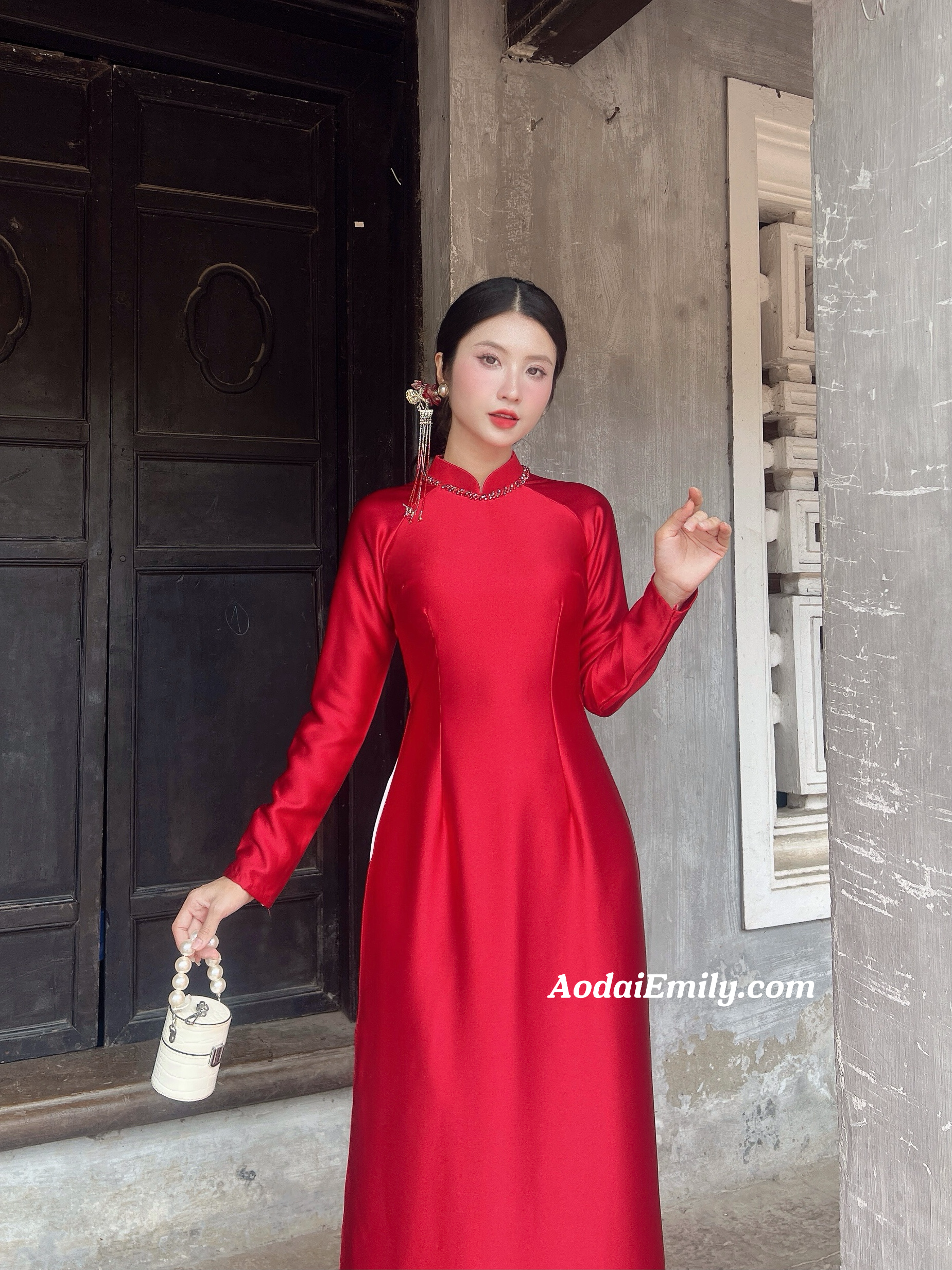 Plain red ao dai with crystals collar