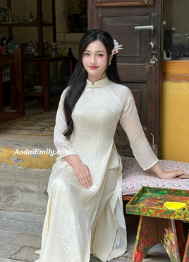 BRINLEY Double layers Cream modern ao dai with flowers patterns