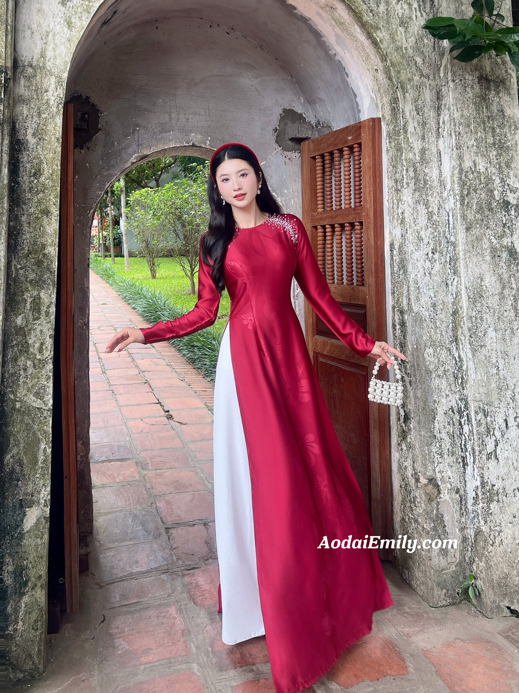 Burgundy ao dai with simple crystals rhinestones