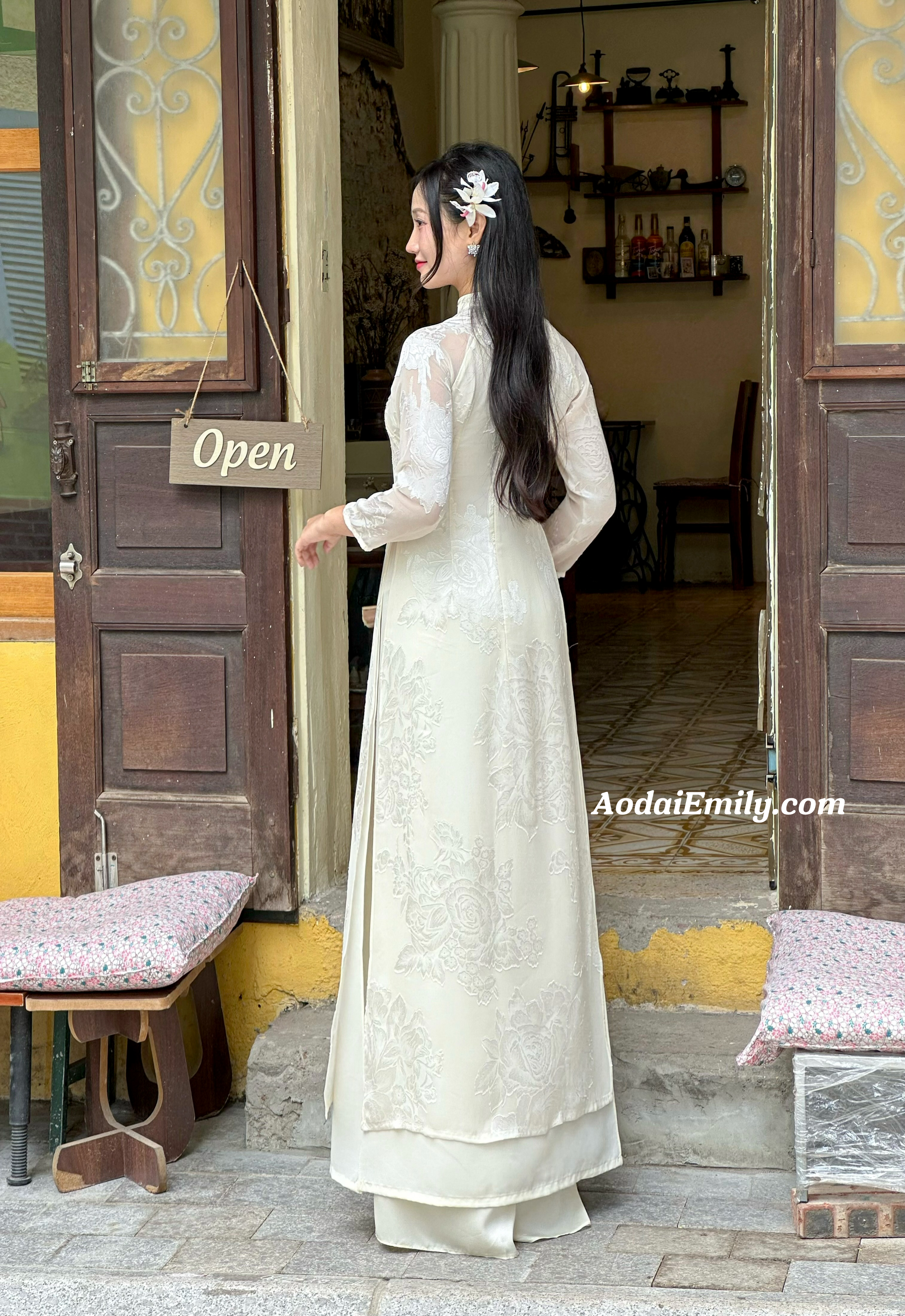 Double layers Cream modern ao dai with flowers patterns