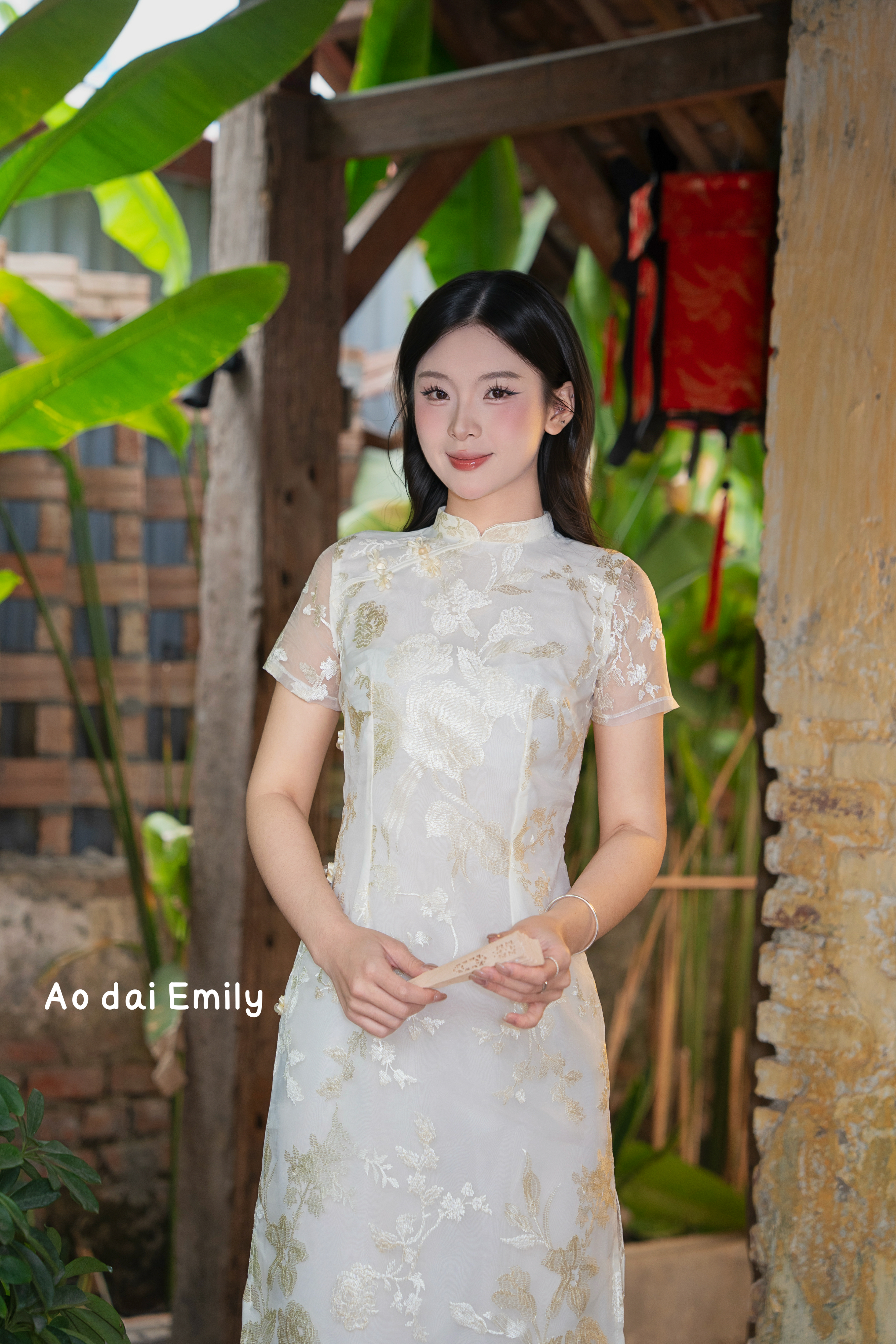 Embroidery Ivory mandarin Dress with cute buttons| Chinese Pink