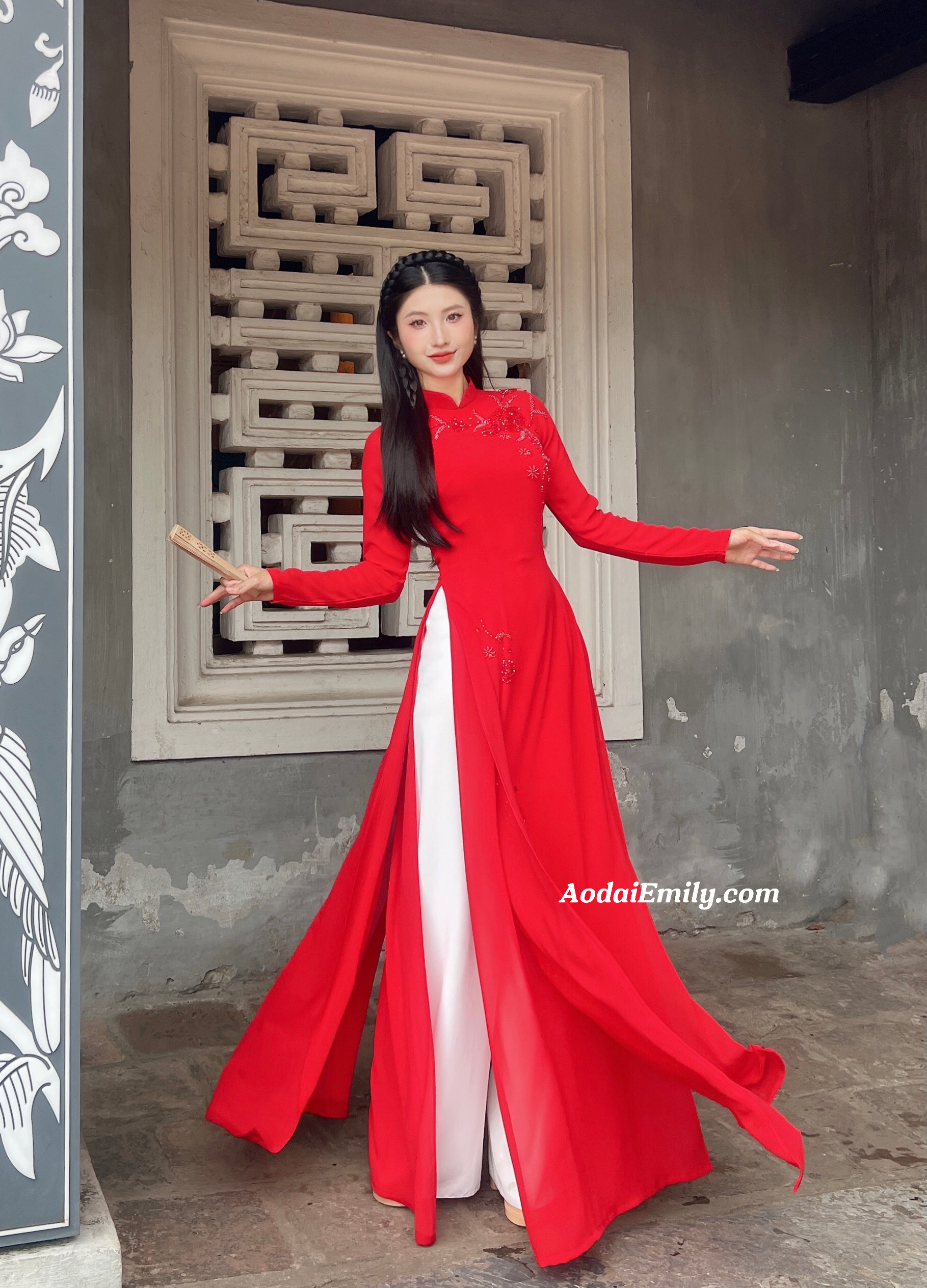 Red Ao dai with designed crystals, pearls flowers