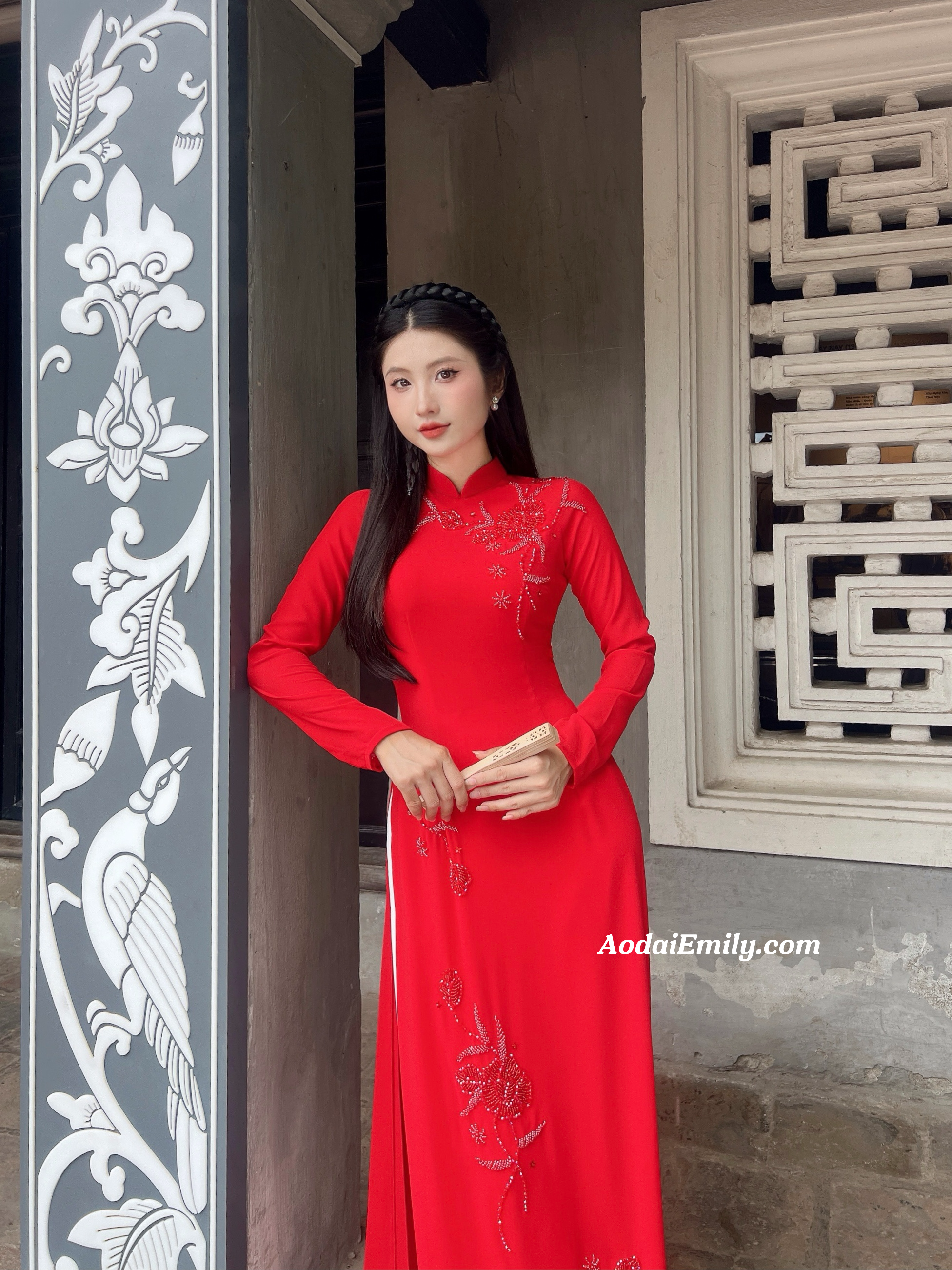 Red Ao dai with designed crystals, pearls flowers