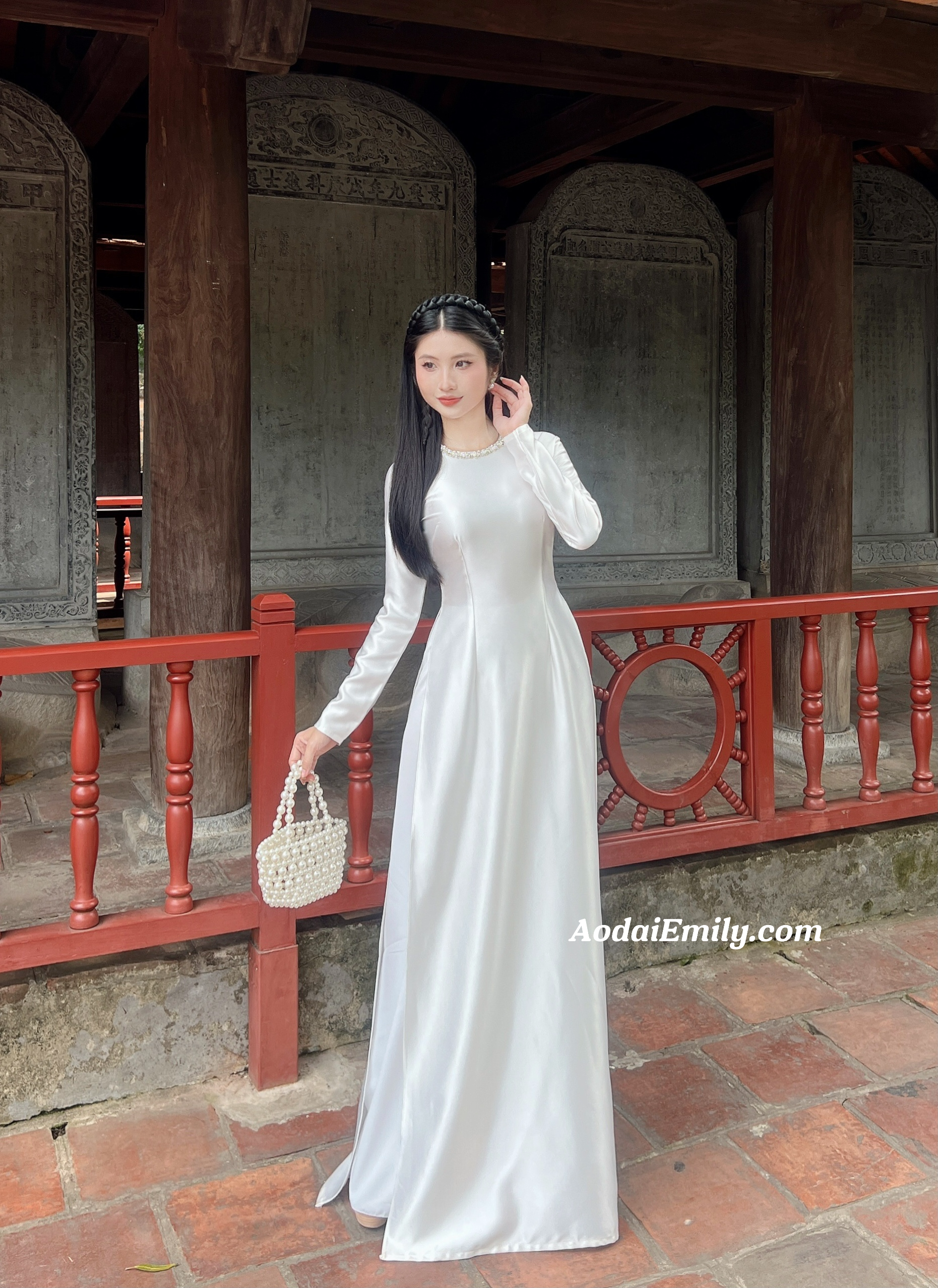 White ao dai with crystals collar