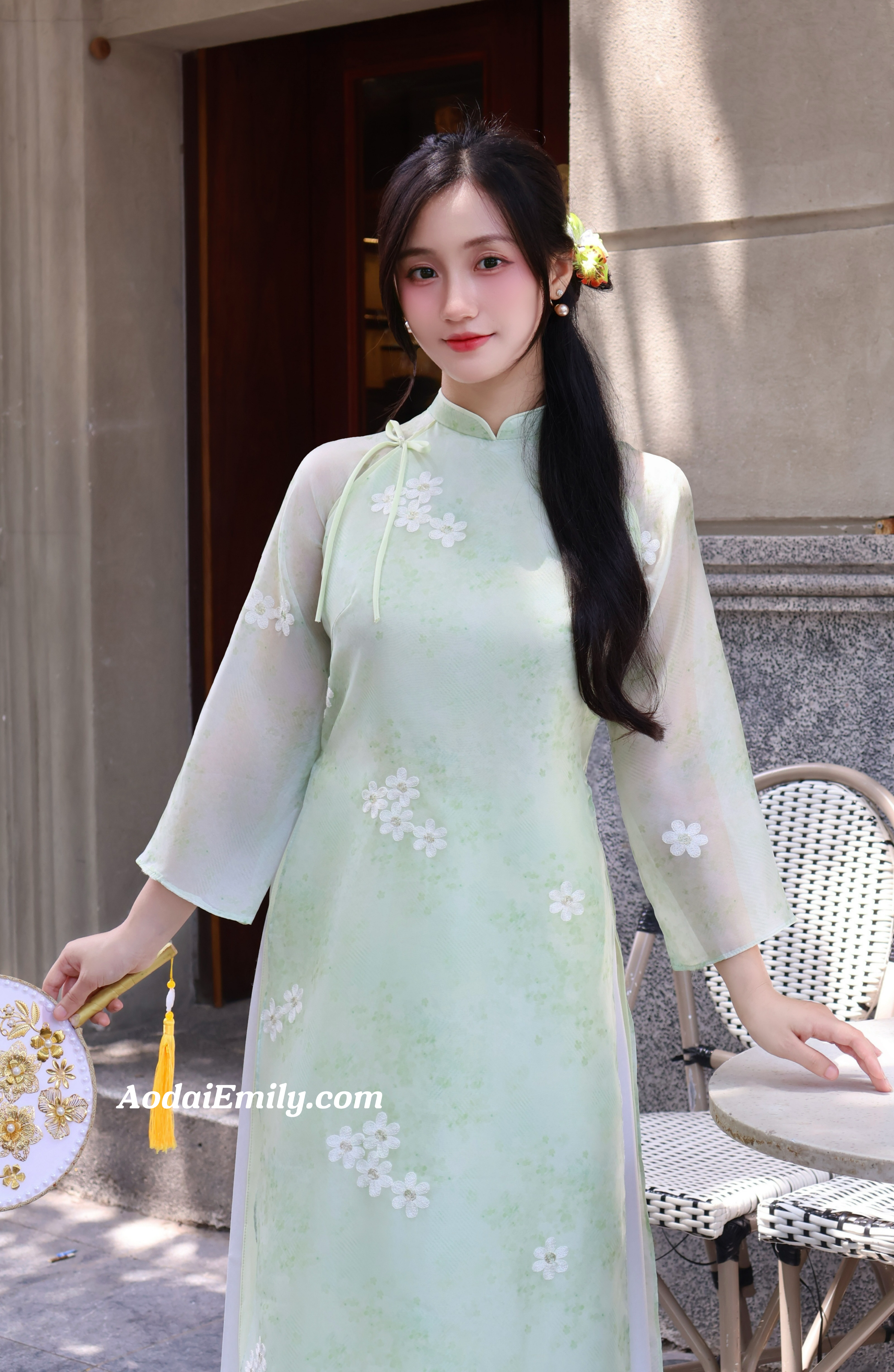 Light Avocado modern ao dai with embroidery flowers