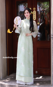 Light Avocado modern ao dai with embroidery flowers