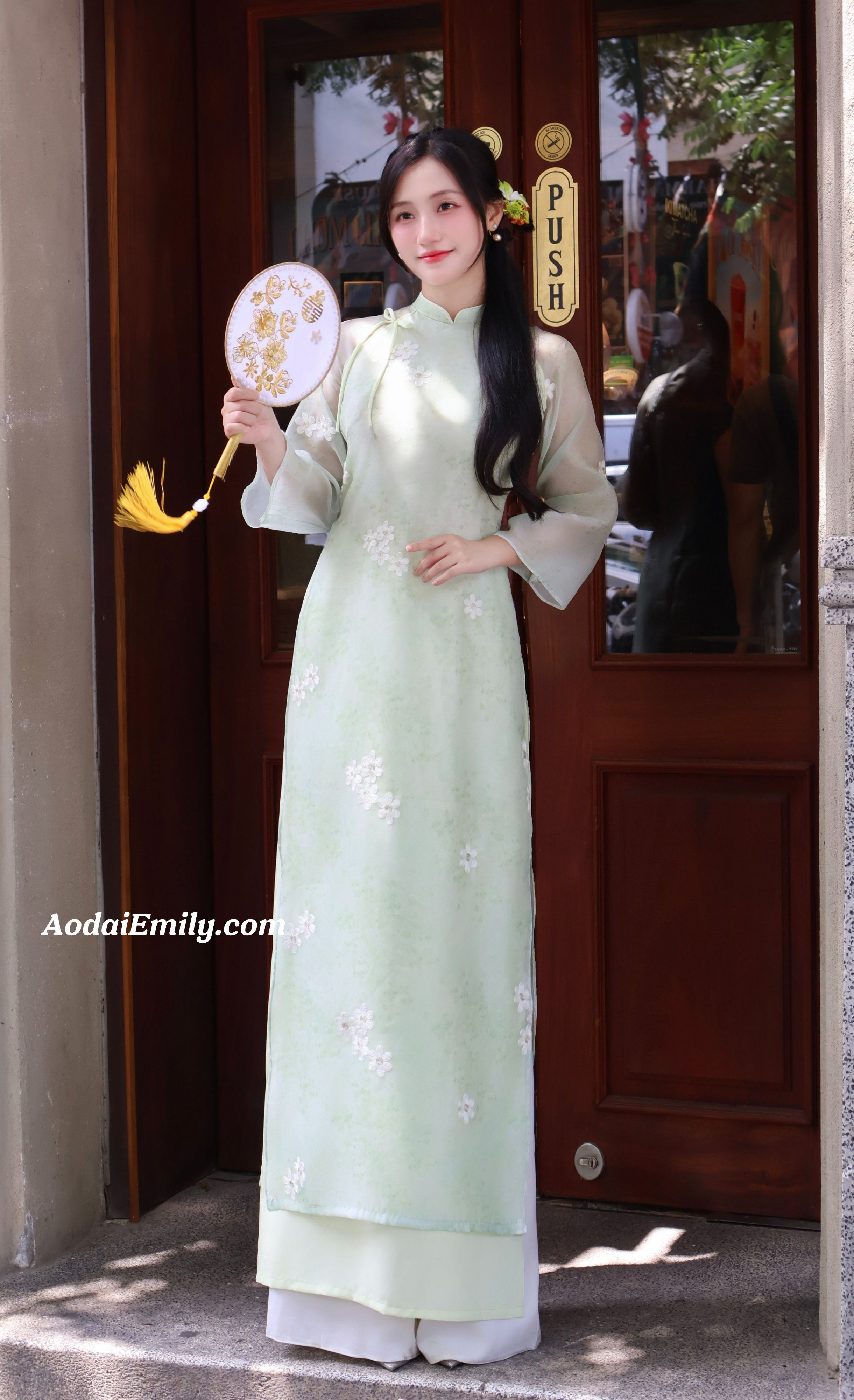Light Avocado modern ao dai with embroidery flowers