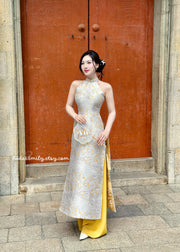 FREYA Yellow/Neutral Sleeveless Taffeta Sakura patterns Pre made ao dai