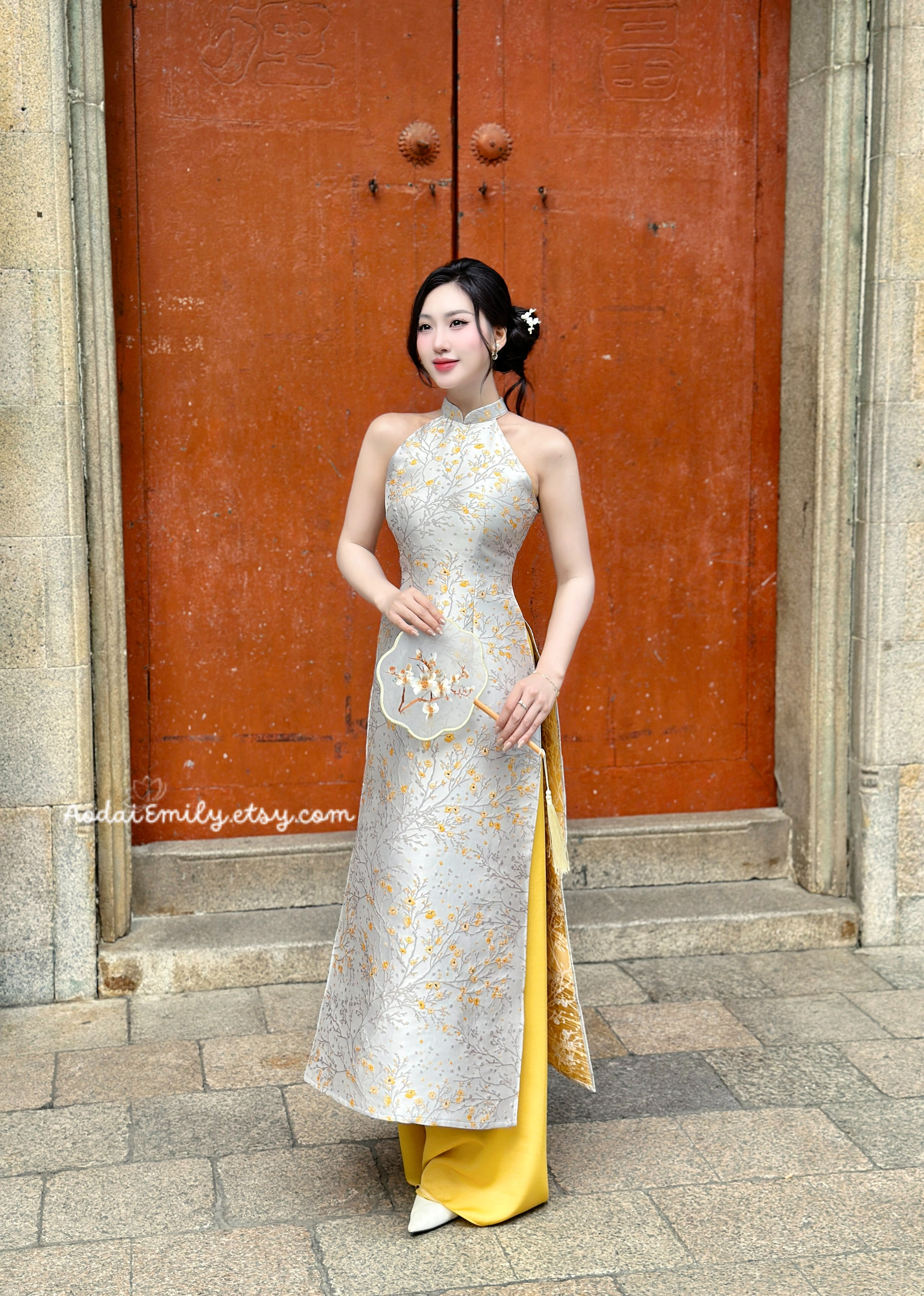 FREYA Yellow/Neutral Sleeveless Taffeta Sakura patterns Pre made ao dai