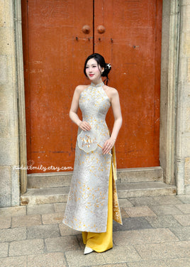 FREYA Yellow/Neutral Sleeveless Taffeta Sakura patterns Pre made ao dai