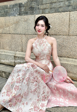 LILY Sleeveless Pink Taffeta Sakura patterns Pre made ao dai|