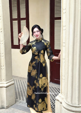 CAMILA Black/ Gold double layers modern ao dai with roses