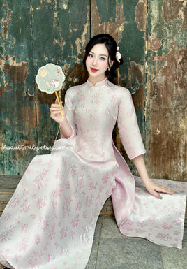 ELLIE Pastel Pink Spring flowers pattern| Taffeta ao dai set