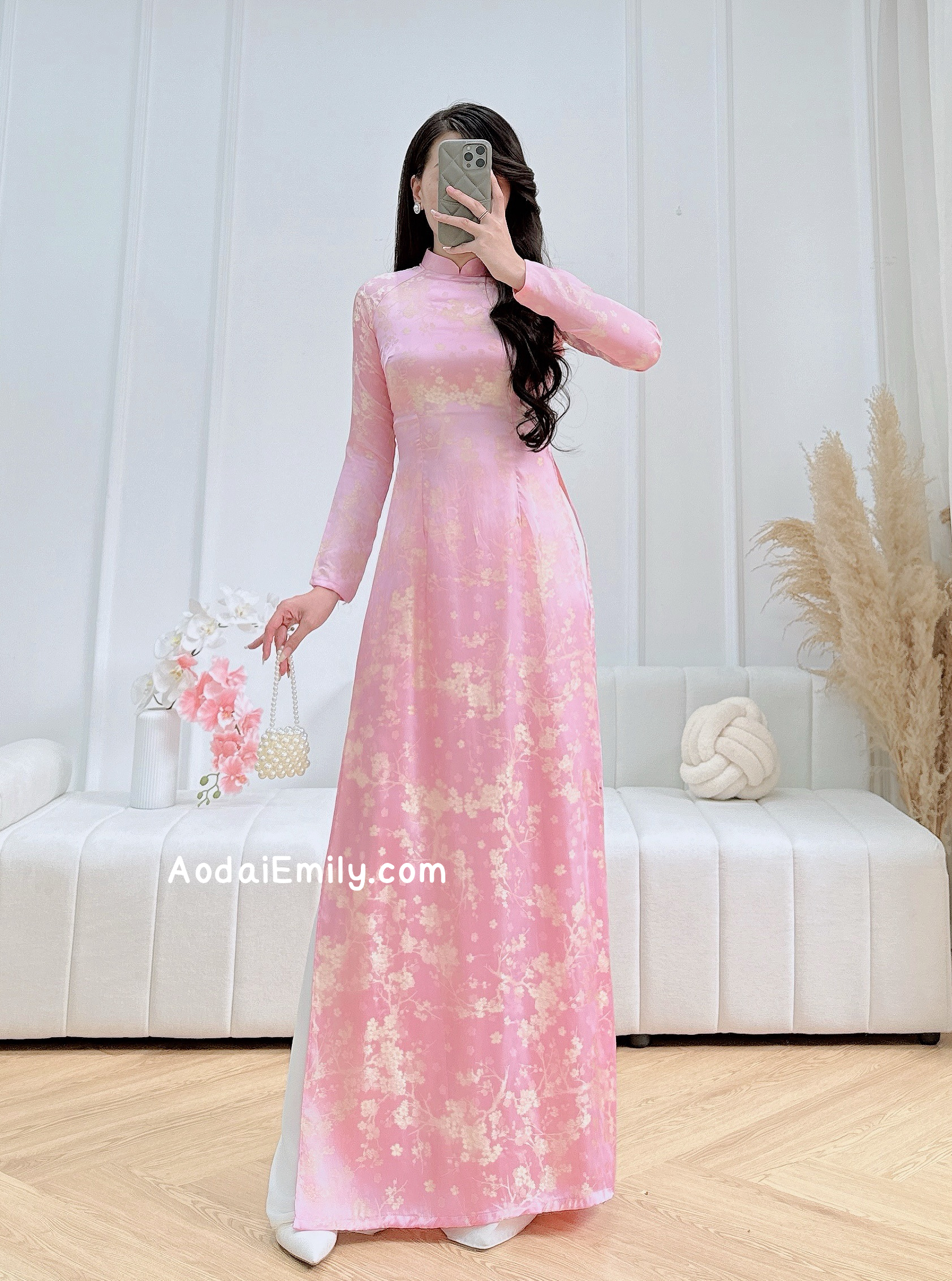 Ao dai Gam with Cherry Blossom Flowers