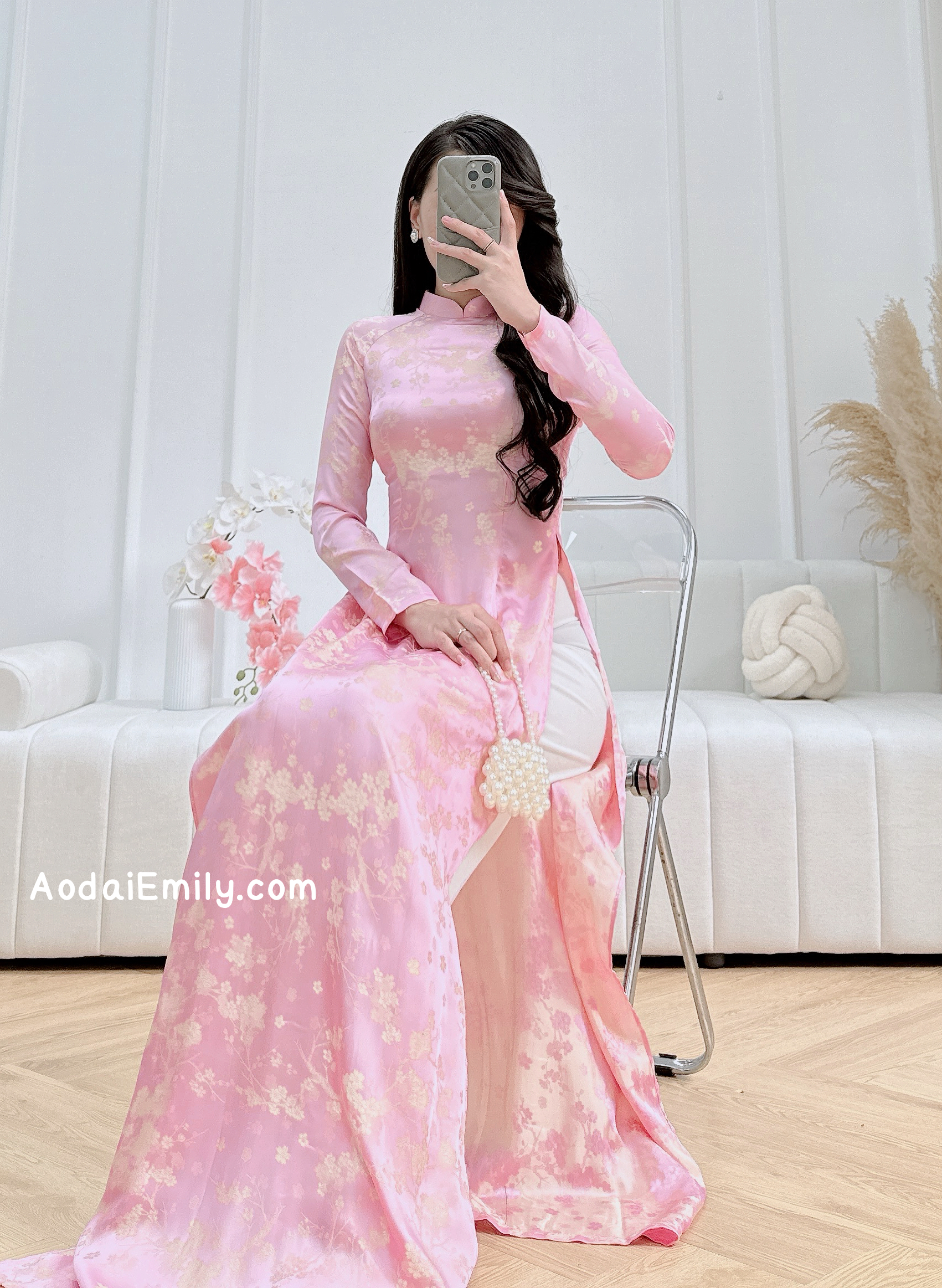Ao dai Gam with Cherry Blossom Flowers