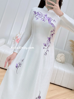 AZALEA White traditional ao dai with purple embroidery