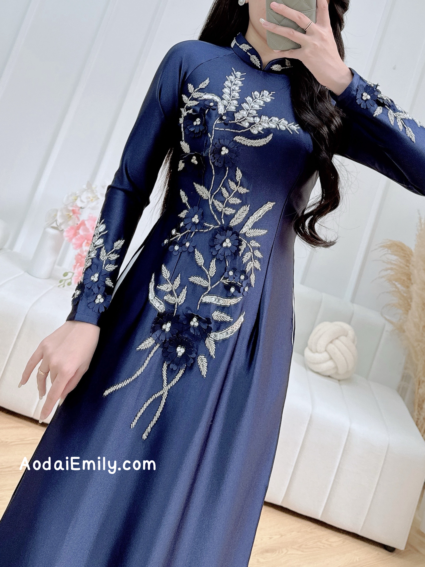 | Dark Blue 3D flowers with hand beading crystals