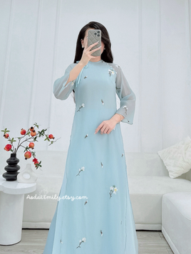 CONNIE Double layers modern ao dai set with embroidery flowers