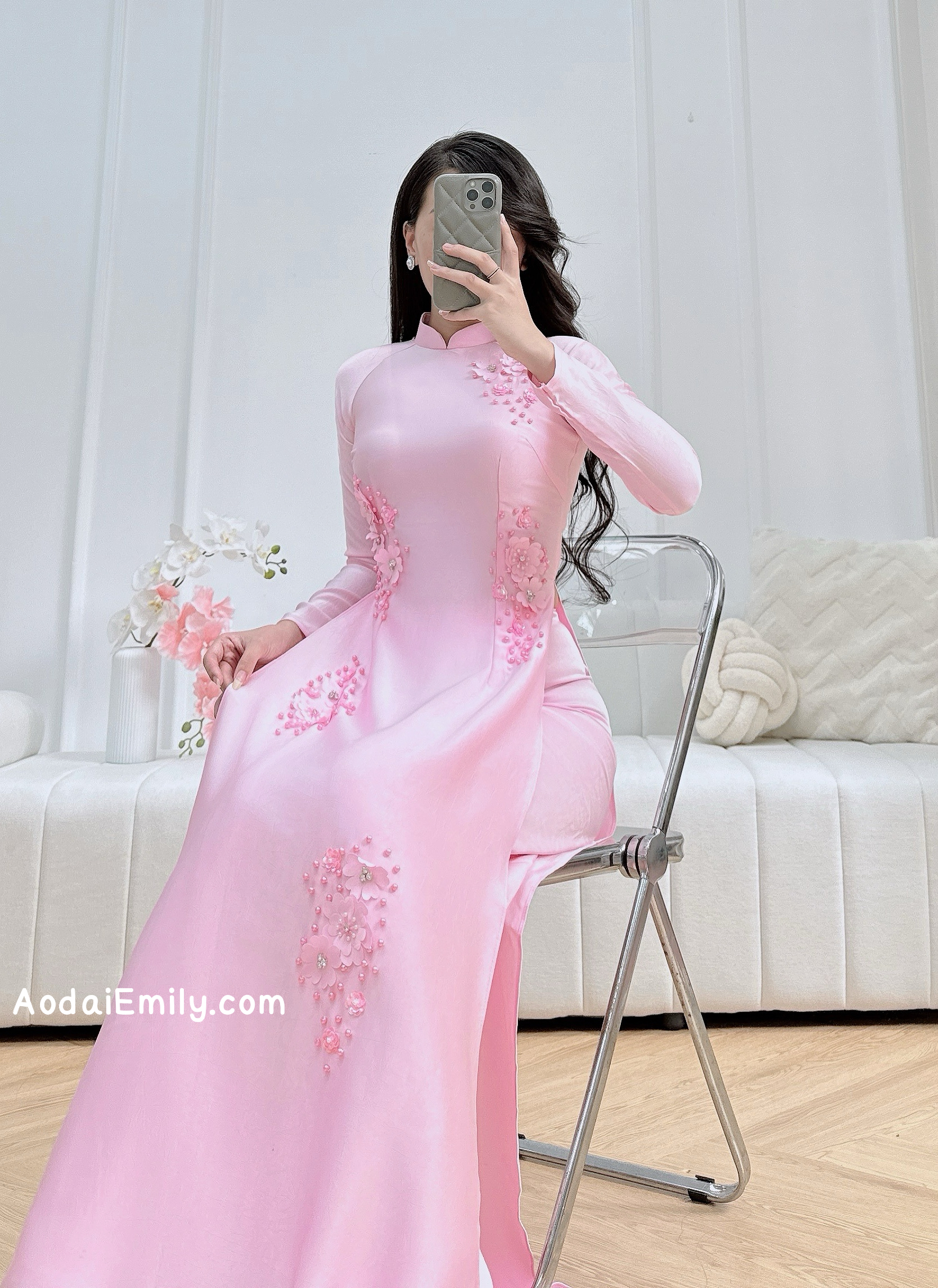 Pink 3D flowers with hand beading crystals