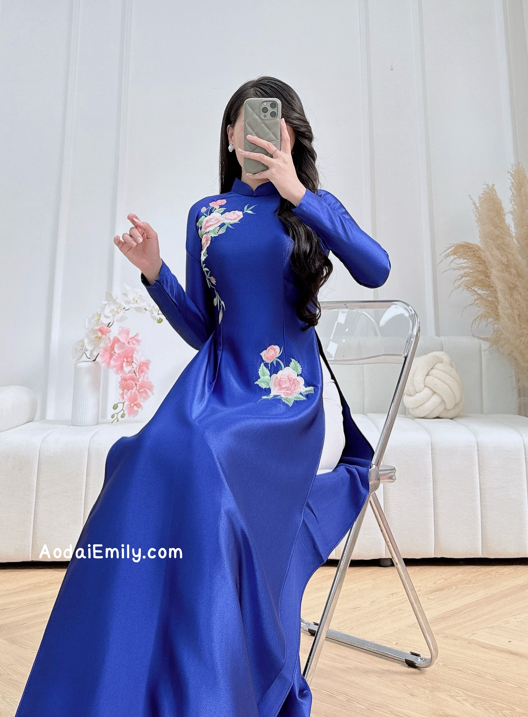 Blue embroidery traditional ao dai