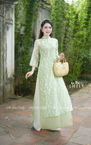 Loose Lime green  Ao Dai with flowers pattern |Aster