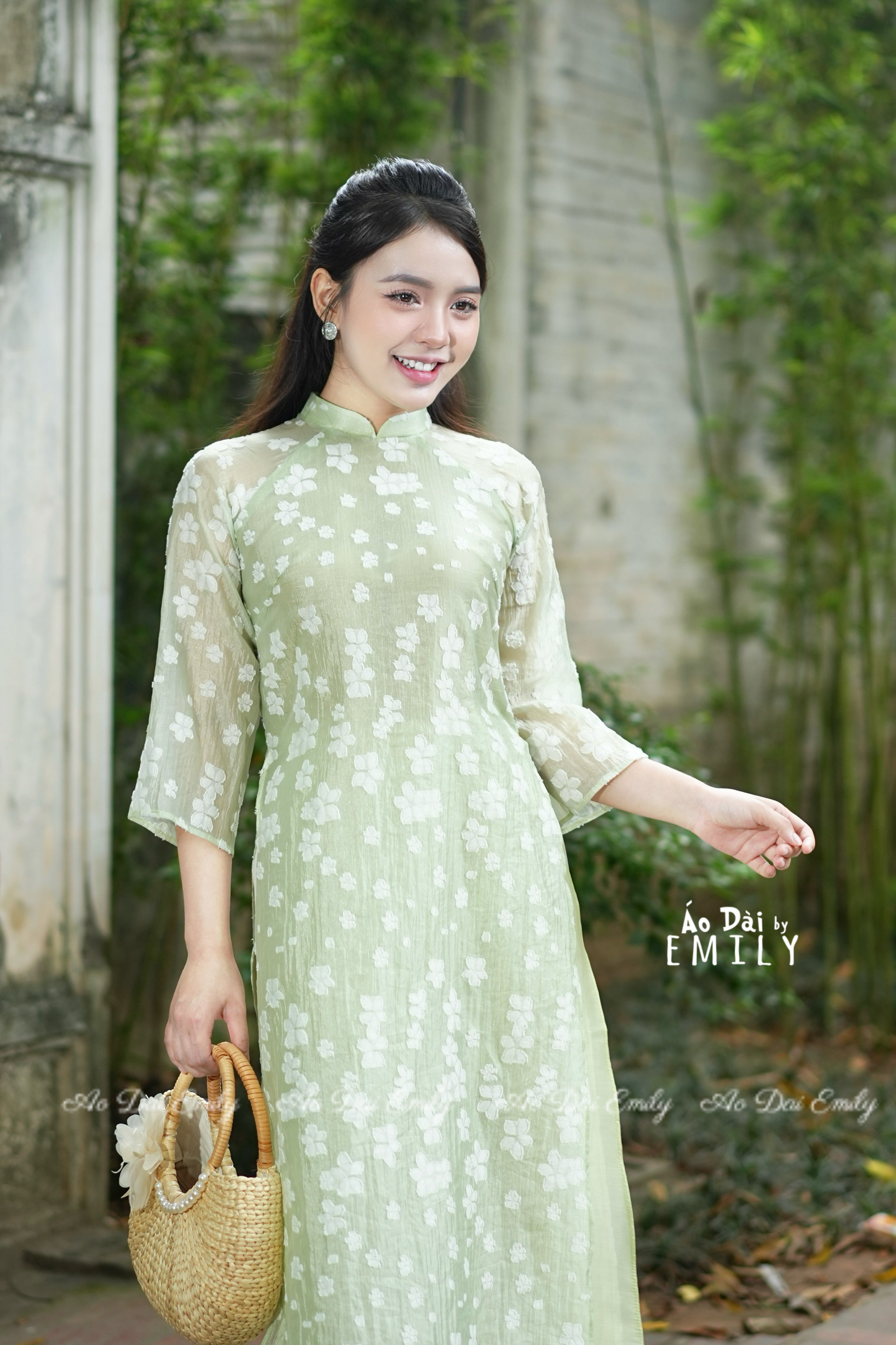 Loose Lime green  Ao Dai with flowers pattern |Aster