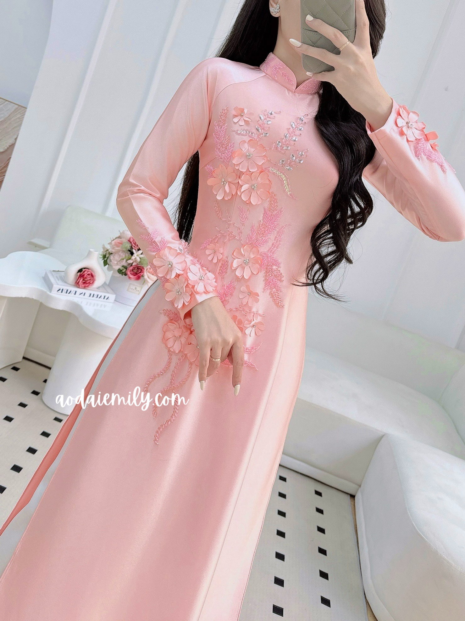 Traditional ao dai with 3D Flowers and crystals