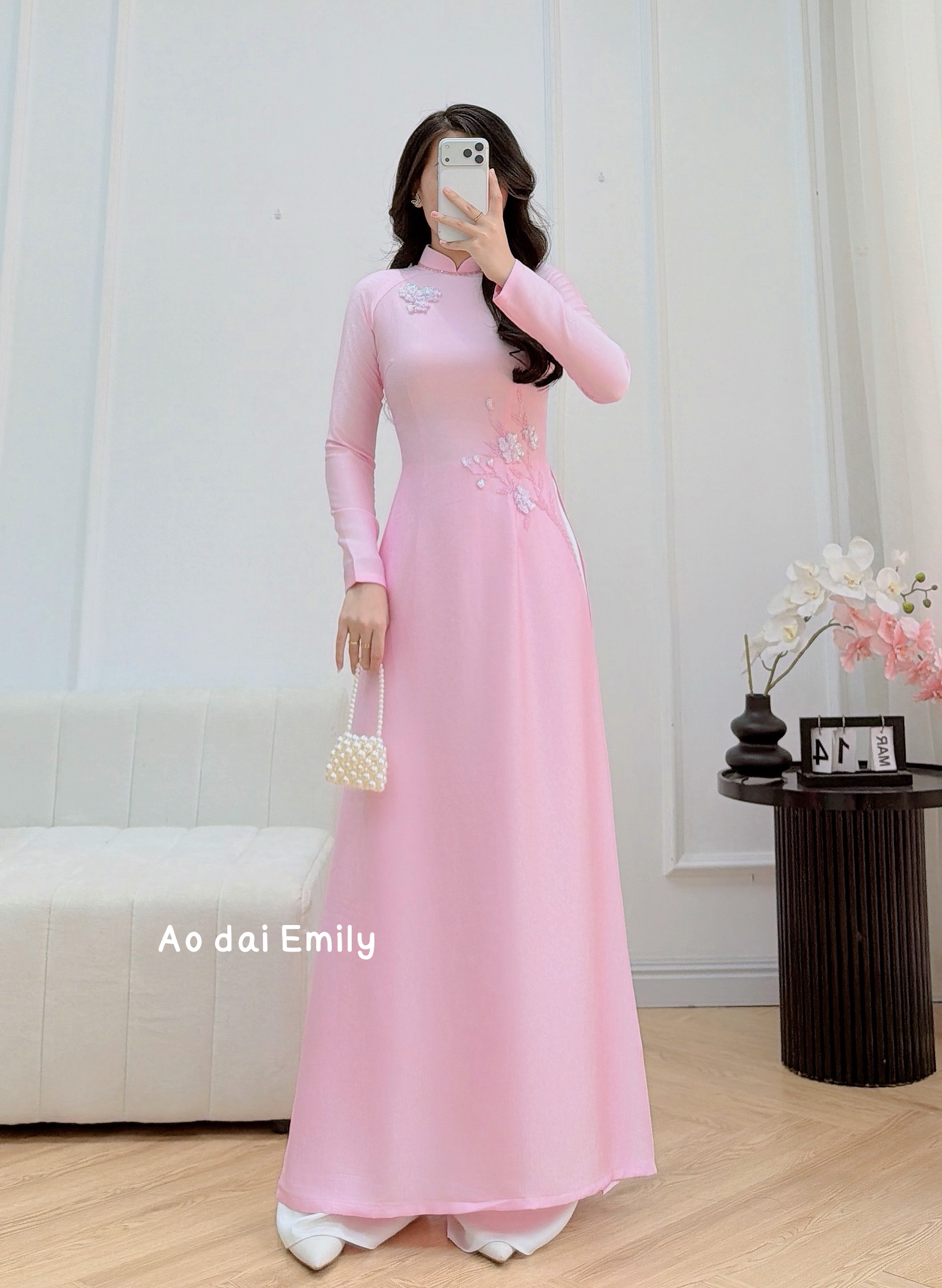 Traditional style Pink  ao dai with beading crystals | Dianella