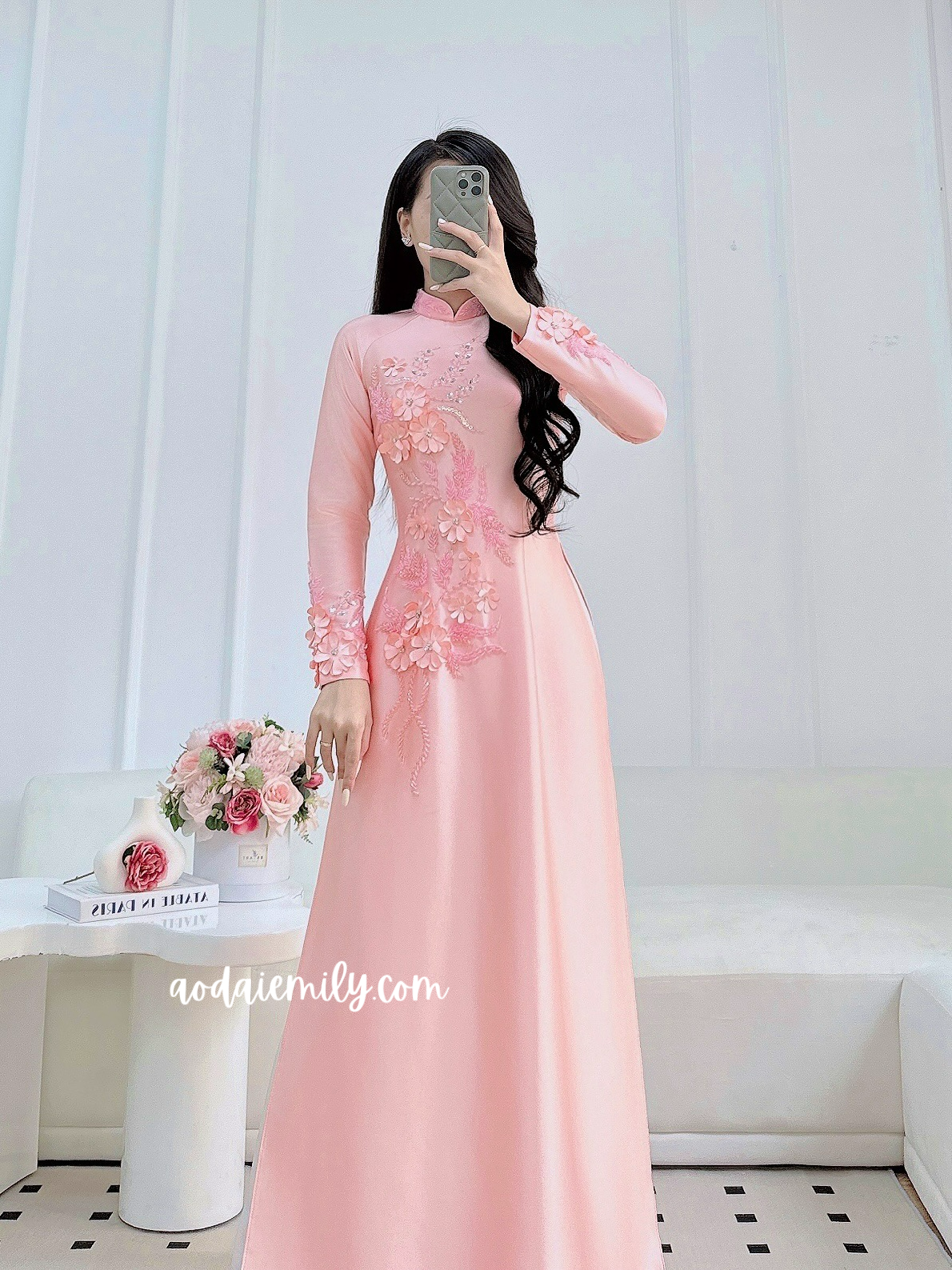 Traditional ao dai with 3D Flowers and crystals