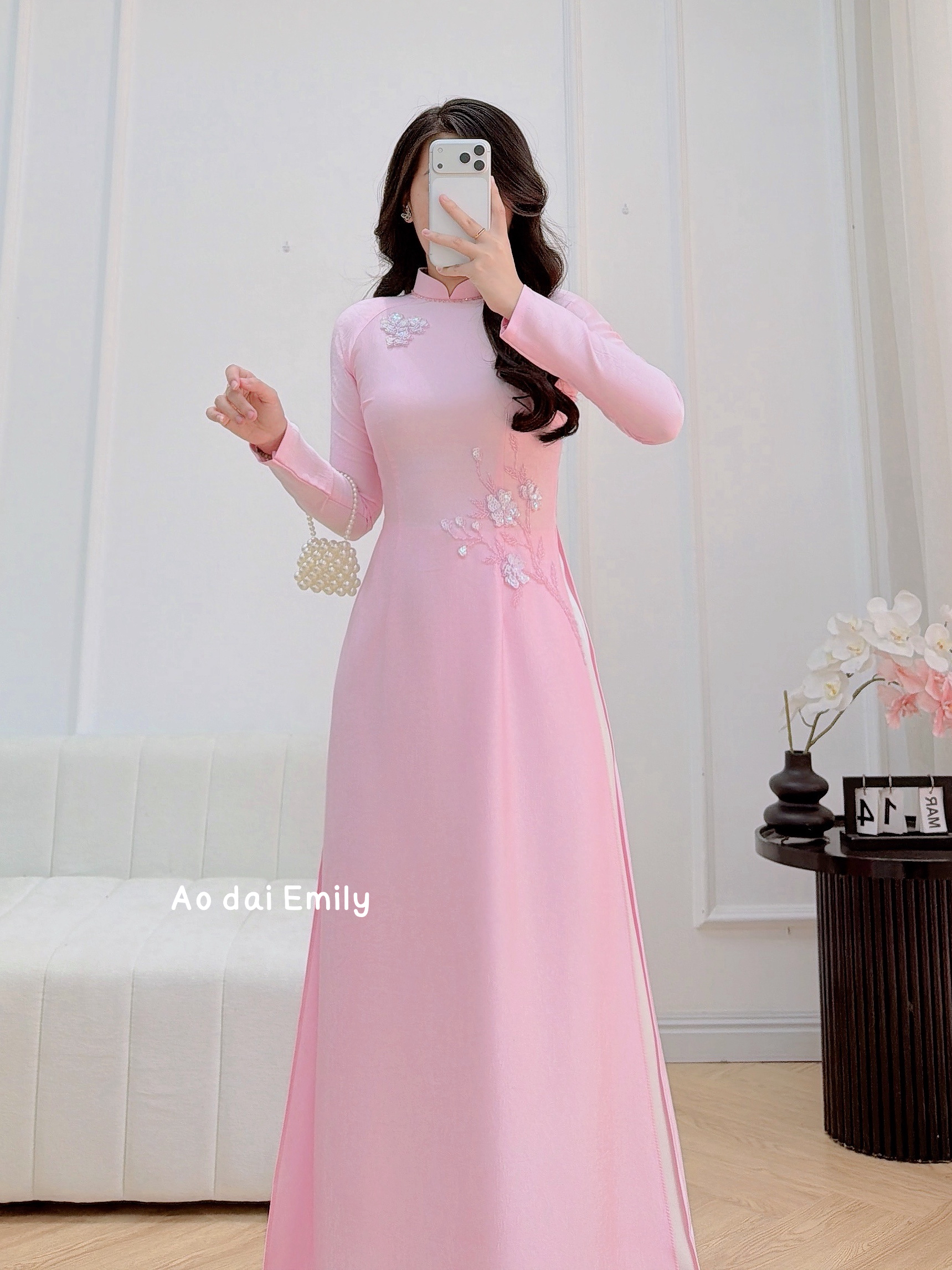Traditional style Pink  ao dai with beading crystals | Dianella