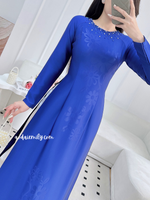 JACQUELINE Deep Blue ao dai with simple crystals round collar