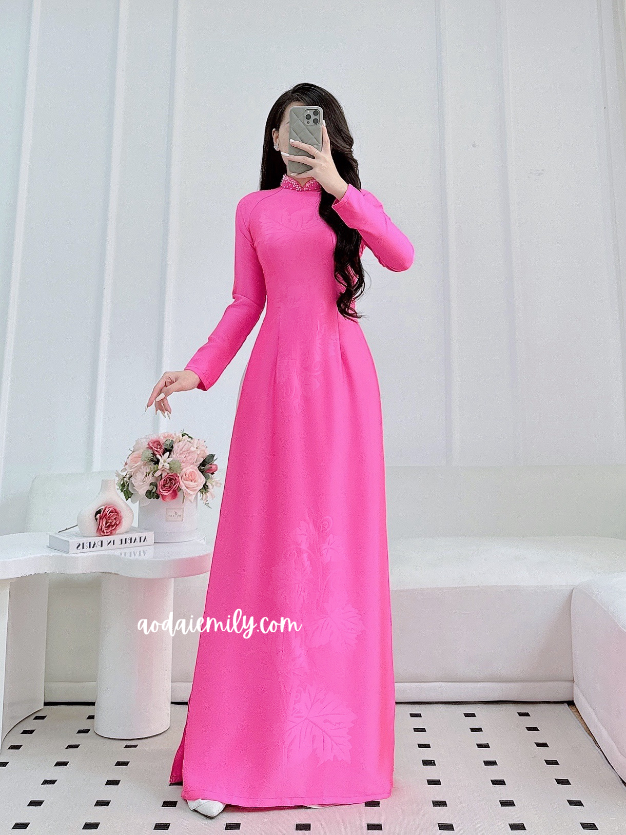 Hot pink ao dai with simple crystals