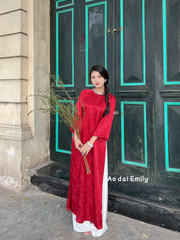 Red Modern Loosing style ao dai Gam with crystal round collar | Bearberry